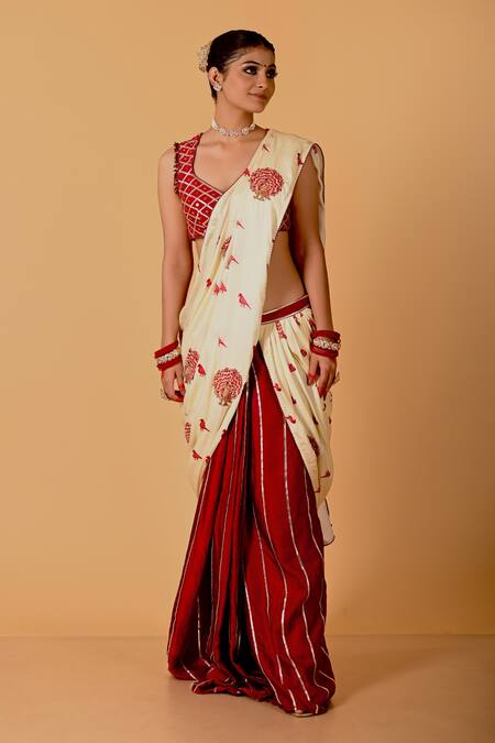 Buy Mirkashi Beige Modal, Satin, Silk Embroidery V-neck Maroon Raw Hand Saree Set Buy_Mirkashi_Beige Modal, Satin, Silk Embroidery V-neck Maroon Raw Hand Saree Set