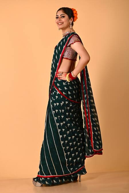 Mirkashi_Green Viscose, Georgette, Silk Embroidery Bottal And Maroon Hand Saree Set_Online_at_Aza_Fashions