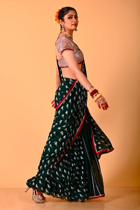 Buy_Mirkashi_Green Viscose, Georgette, Silk Embroidery Bottal And Maroon Hand Saree Set_Online_at_Aza_Fashions