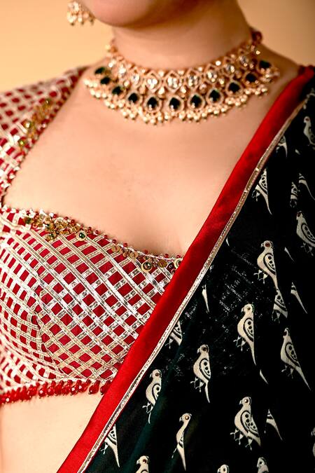 Shop_Mirkashi_Green Viscose, Georgette, Silk Embroidery Bottal And Maroon Hand Saree Set_Online_at_Aza_Fashions