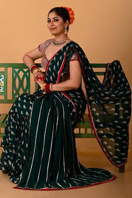 Mirkashi_Green Viscose, Georgette, Silk Embroidery Bottal And Maroon Hand Saree Set_at_Aza_Fashions