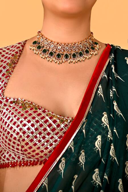 Buy_Mirkashi_Green Viscose, Georgette, Silk Embroidery Bottal And Maroon Hand Saree Set