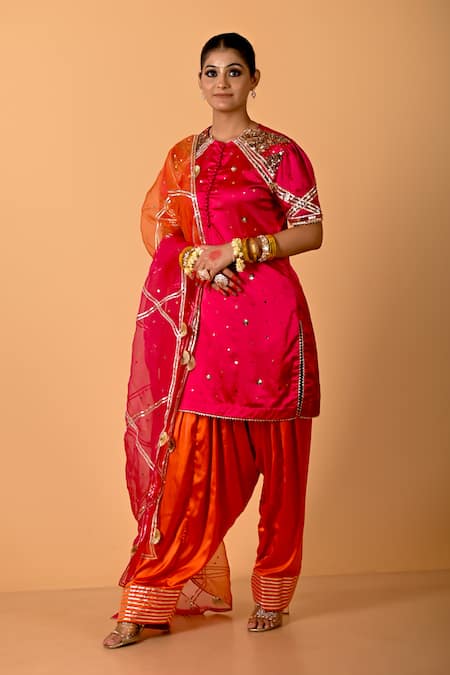 Mirkashi Fuchsia Satin, , Organza Sequins, Fuschia Pink Hand Kurta Set