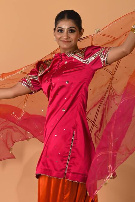 Shop_Mirkashi_Fuchsia Satin, , Organza Sequins, Fuschia Pink Hand Kurta Set_Online_at_Aza_Fashions