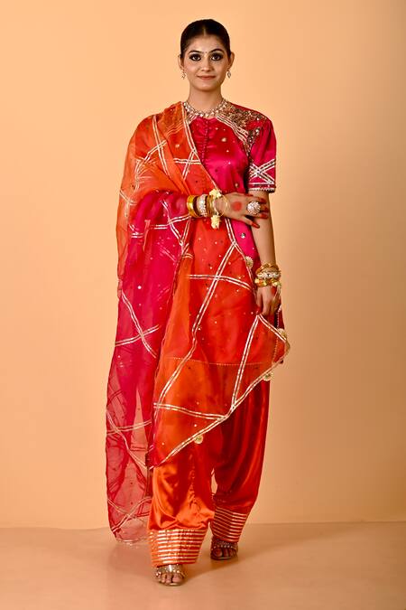 Mirkashi_Fuchsia Satin, , Organza Sequins, Fuschia Pink Hand Kurta Set_at_Aza_Fashions