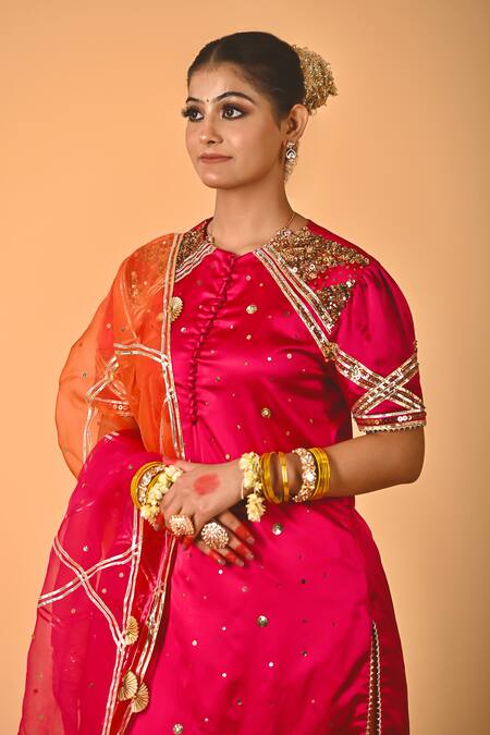 Buy_Mirkashi_Fuchsia Satin, , Organza Sequins, Fuschia Pink Hand Kurta Set