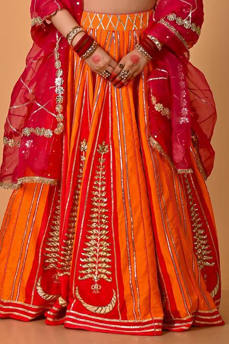 Buy Mirkashi Orange , Organza Embroidery V-neck Fuschia Pink And Hand Set Buy_Mirkashi_Orange , Organza Embroidery V-neck Fuschia Pink And Hand Set