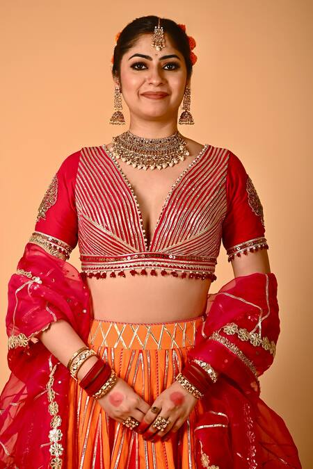 Shop Mirkashi Orange , Organza Embroidery V-neck Fuschia Pink And Hand Set Shop_Mirkashi_Orange , Organza Embroidery V-neck Fuschia Pink And Hand Set