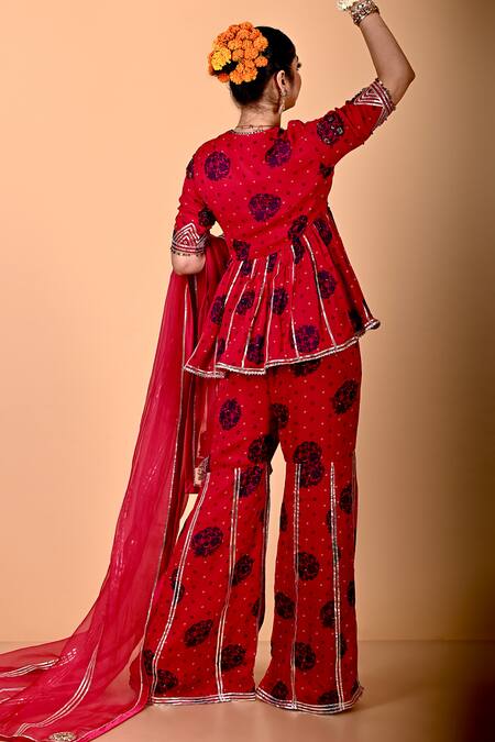 Shop_Mirkashi_Fuchsia Viscose Georgette, Silk Organza Embroidery Fuschia Pink Hand Peplum Set_Online_at_Aza_Fashions