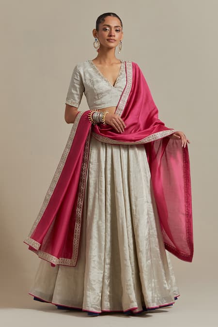 Vinusto Silver Chanderi Embroidery, Lace V-neck And Hot Pink Designer Lehenga Set