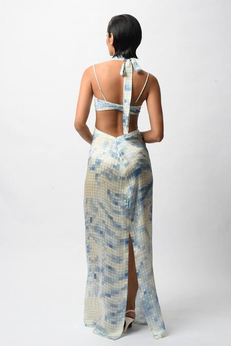 Forty Four_Blue Satin Halter Neck, Allure Backless Resort Gown _at_Aza_Fashions