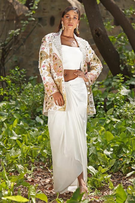 Soniya G Ivory Embroidery Round Neck Embellished Draped Skirt And Blazer Set 