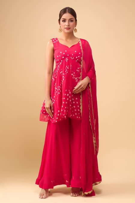 Samyukta Singhania Pink Chiffon V-neck Crimson Peplum Kurta And Palazzo Set