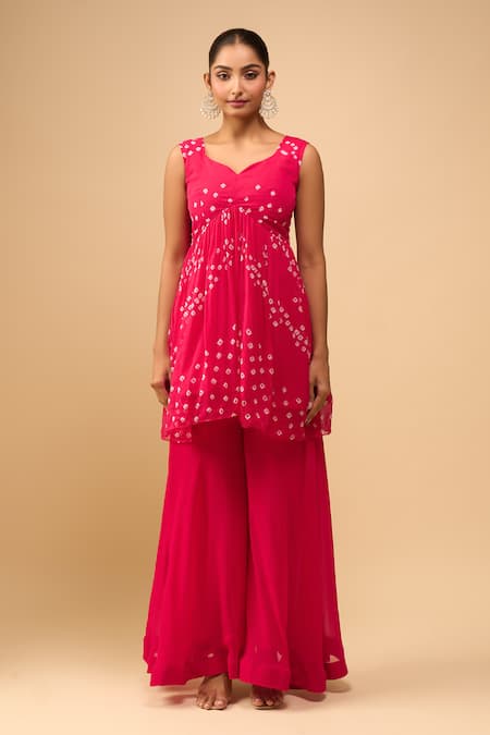 Samyukta Singhania_Pink Chiffon V-neck Crimson Peplum Kurta And Palazzo Set _Online_at_Aza_Fashions
