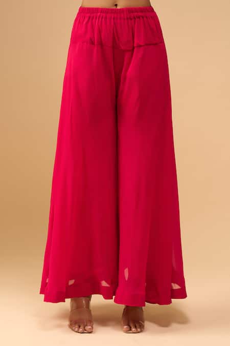 Buy_Samyukta Singhania_Pink Chiffon V-neck Crimson Peplum Kurta And Palazzo Set _Online_at_Aza_Fashions