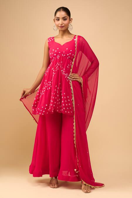 Shop_Samyukta Singhania_Pink Chiffon V-neck Crimson Peplum Kurta And Palazzo Set _Online_at_Aza_Fashions