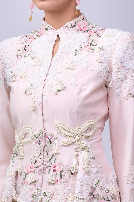 Buy_Anamika Khanna_Pink Embroidery Round Neck Peplum Top Set _Online_at_Aza_Fashions