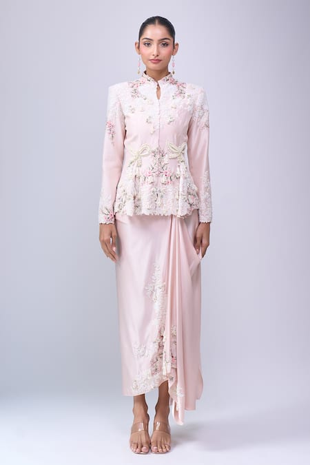 Shop_Anamika Khanna_Pink Embroidery Round Neck Peplum Top Set _Online_at_Aza_Fashions