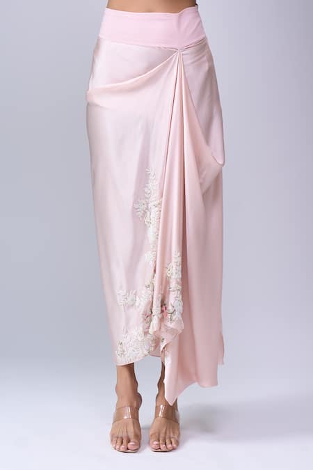 Buy_Anamika Khanna_Pink Embroidery Round Neck Peplum Top Set 