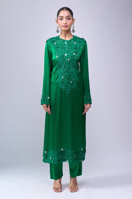 Buy_Anamika Khanna_Emerald Green Embroidery Round Neck Kurta Set_Online_at_Aza_Fashions