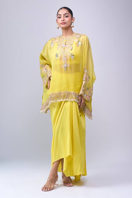 Shop Anamika Khanna Yellow Embroidery Round Neck Skirt Set Online at Aza Fashions Shop_Anamika Khanna_Yellow Embroidery Round Neck Skirt Set _Online_at_Aza_Fashions