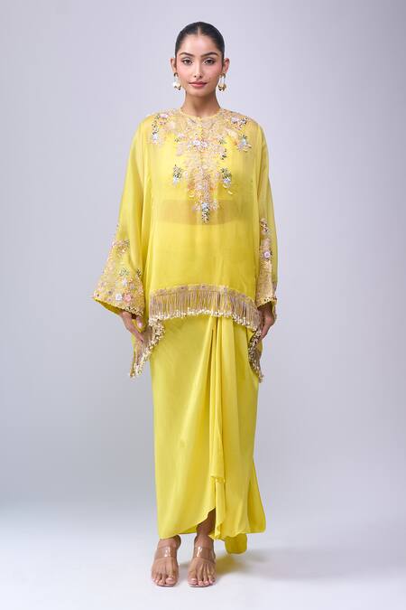 Anamika Khanna Yellow Embroidery Round Neck Skirt Set at Aza Fashions Anamika Khanna_Yellow Embroidery Round Neck Skirt Set _at_Aza_Fashions