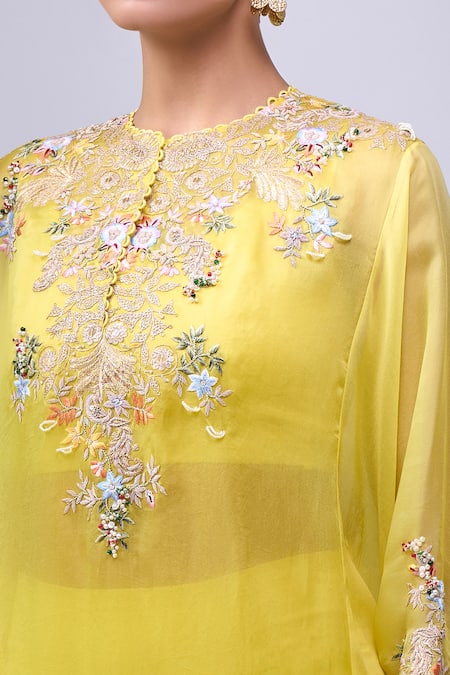 Shop Anamika Khanna Yellow Embroidery Round Neck Skirt Set Shop_Anamika Khanna_Yellow Embroidery Round Neck Skirt Set