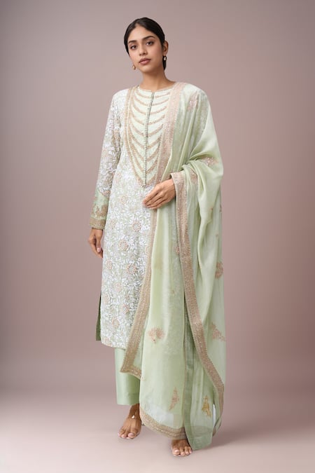 Anamika Khanna Green Embroidery Round Neck Teal Kurta Set 