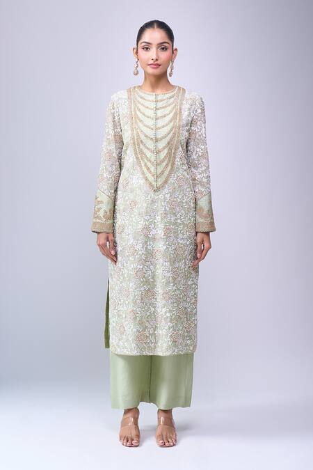 Anamika Khanna Green Embroidery Round Neck Teal Kurta Set Online at Aza Fashions Anamika Khanna_Green Embroidery Round Neck Teal Kurta Set _Online_at_Aza_Fashions