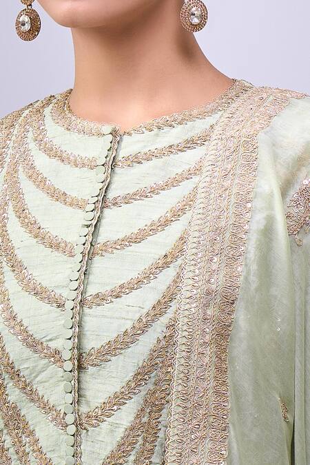 Shop Anamika Khanna Green Embroidery Round Neck Teal Kurta Set Online at Aza Fashions Shop_Anamika Khanna_Green Embroidery Round Neck Teal Kurta Set _Online_at_Aza_Fashions