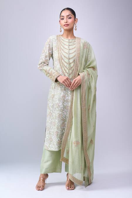 Anamika Khanna Green Embroidery Round Neck Teal Kurta Set at Aza Fashions Anamika Khanna_Green Embroidery Round Neck Teal Kurta Set _at_Aza_Fashions