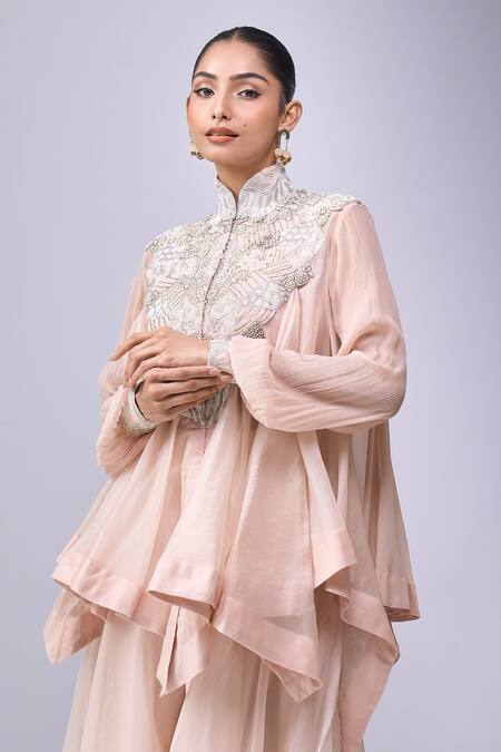 Anamika Khanna_Pink Embroidery, Beads Round Neck, Mandarin Collar Trapeze Top Pant Set _Online_at_Aza_Fashions