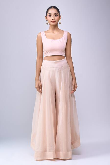 Shop_Anamika Khanna_Pink Embroidery, Beads Round Neck, Mandarin Collar Trapeze Top Pant Set _Online_at_Aza_Fashions