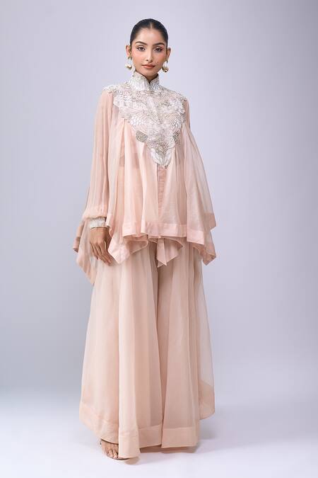 Anamika Khanna_Pink Embroidery, Beads Round Neck, Mandarin Collar Trapeze Top Pant Set _at_Aza_Fashions