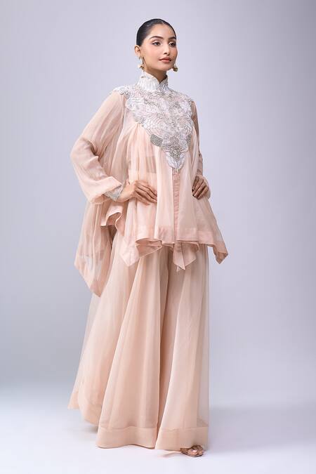 Buy_Anamika Khanna_Pink Embroidery, Beads Round Neck, Mandarin Collar Trapeze Top Pant Set 