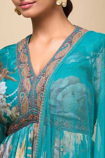 Kalista Blue V-neck Turquoise Floral Print Anarkali With Dupatta Online at Aza Fashions Kalista_Blue V-neck Turquoise Floral Print Anarkali With Dupatta _Online_at_Aza_Fashions
