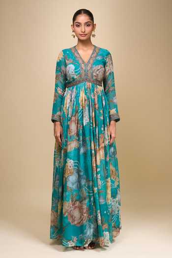 Buy Kalista Blue V-neck Turquoise Floral Print Anarkali With Dupatta Online at Aza Fashions Buy_Kalista_Blue V-neck Turquoise Floral Print Anarkali With Dupatta _Online_at_Aza_Fashions