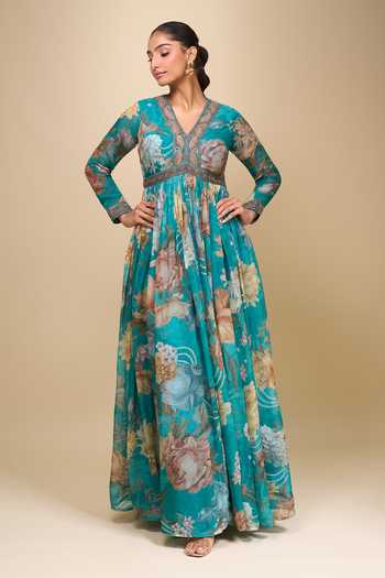 Shop Kalista Blue V-neck Turquoise Floral Print Anarkali With Dupatta Online at Aza Fashions Shop_Kalista_Blue V-neck Turquoise Floral Print Anarkali With Dupatta _Online_at_Aza_Fashions