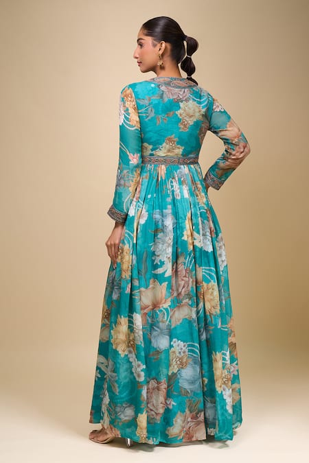 Kalista Turquoise Floral Print Anarkali With Dupatta 