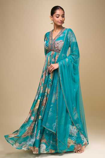 Kalista Blue V-neck Turquoise Floral Print Anarkali With Dupatta at Aza Fashions Kalista_Blue V-neck Turquoise Floral Print Anarkali With Dupatta _at_Aza_Fashions
