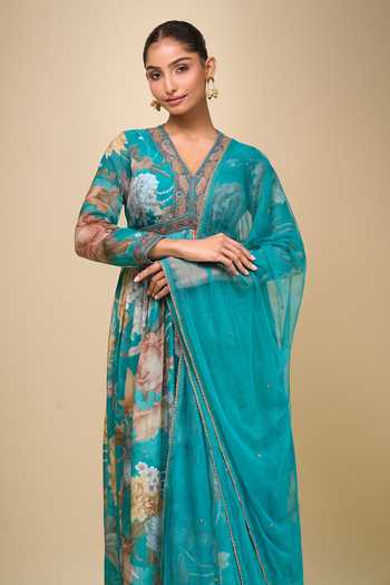 Buy Kalista Blue V-neck Turquoise Floral Print Anarkali With Dupatta Buy_Kalista_Blue V-neck Turquoise Floral Print Anarkali With Dupatta