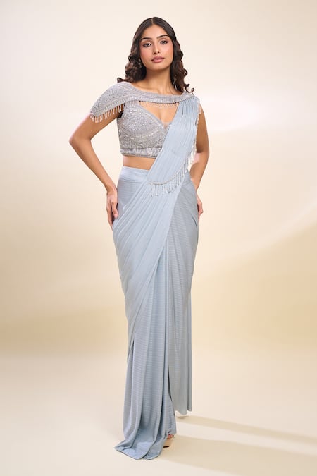 Samyukta Singhania Gray Lurex, Georgette Sequins, Beads Sweetheart Neck Grey Pre-draped Saree Set at Aza Fashions Samyukta Singhania_Gray Lurex, Georgette Sequins, Beads Sweetheart Neck Grey Pre-draped Saree Set _at_Aza_Fashions
