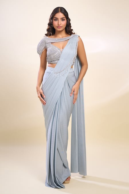 Buy Samyukta Singhania Gray Lurex, Georgette Sequins, Beads Sweetheart Neck Grey Pre-draped Saree Set Buy_Samyukta Singhania_Gray Lurex, Georgette Sequins, Beads Sweetheart Neck Grey Pre-draped Saree Set