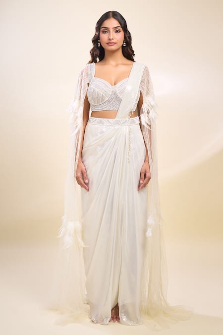 Samyukta Singhania_White Georgette Sequins Round Neck Sequenced Pre-draped Saree Set _Online_at_Aza_Fashions
