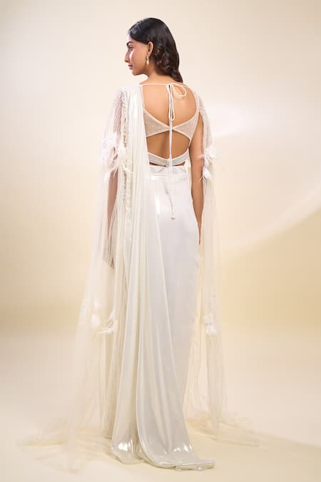 Samyukta Singhania White Sequenced Gorgette Pre-Draped Saree Set 