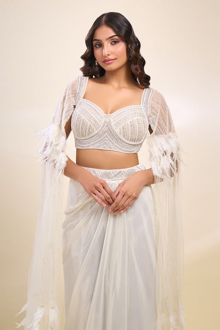 Buy_Samyukta Singhania_White Georgette Sequins Round Neck Sequenced Pre-draped Saree Set _Online_at_Aza_Fashions