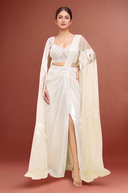 Samyukta Singhania White Sequenced Gorgette Pre-Draped Saree Set 