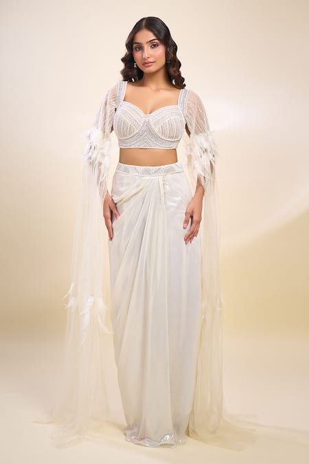 Shop_Samyukta Singhania_White Georgette Sequins Round Neck Sequenced Pre-draped Saree Set _Online_at_Aza_Fashions