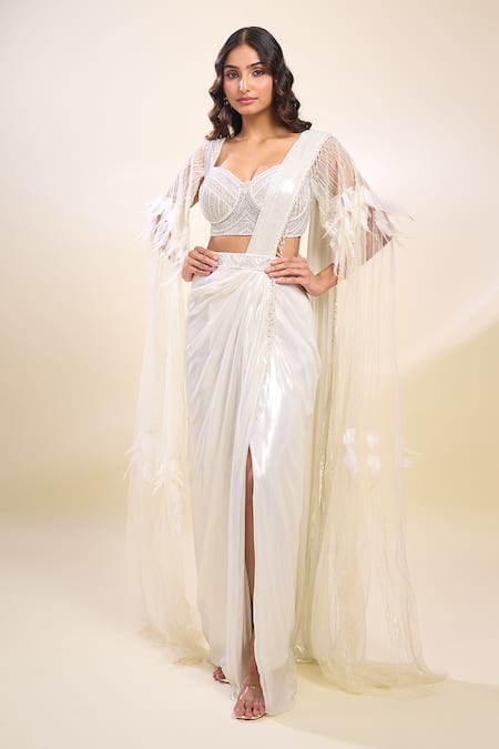 Samyukta Singhania_White Georgette Sequins Round Neck Sequenced Pre-draped Saree Set _at_Aza_Fashions