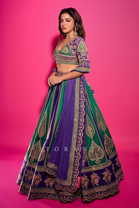 Shop Torani Purple Georgette Embroidery Round Neck Baghan Morni Lehenga Set at Aza Fashions Shop_Torani_Purple Georgette Embroidery Round Neck Baghan Morni Lehenga Set_at_Aza_Fashions